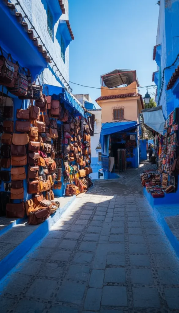 Colorful woven blankets and handmade leather goods for sale at a shop in the blue village of Chefchaouen.