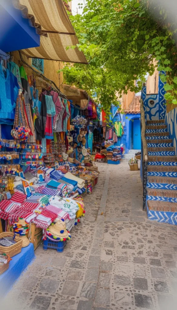 Colorful woven blankets and handmade leather goods for sale at a shop in the blue village of Chefchaouen, Morocco.