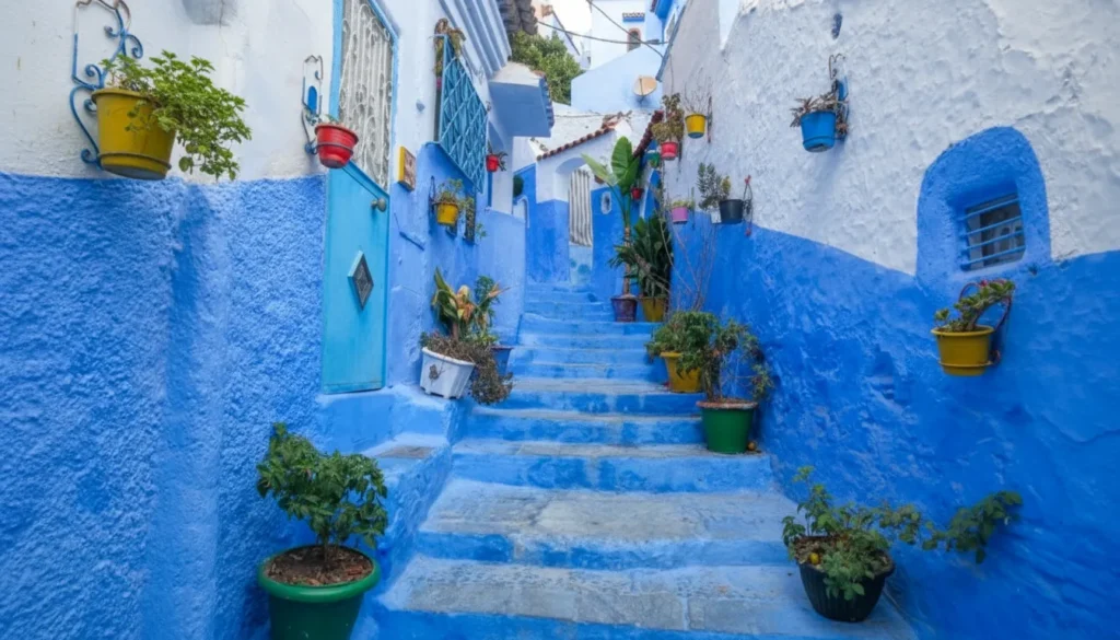 Iconic blue-painted streets of Chefchaouen, Morocco, a beautiful destination for longer 14-day trips.