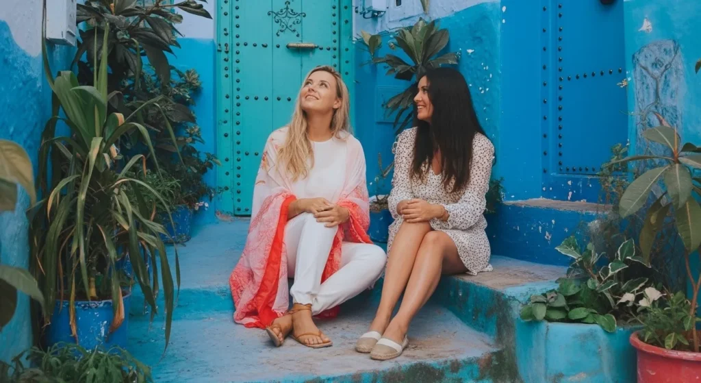 Respectfully dressed travelers walking through the blue medina, showing what to wear in Chefchaouen Morocco.