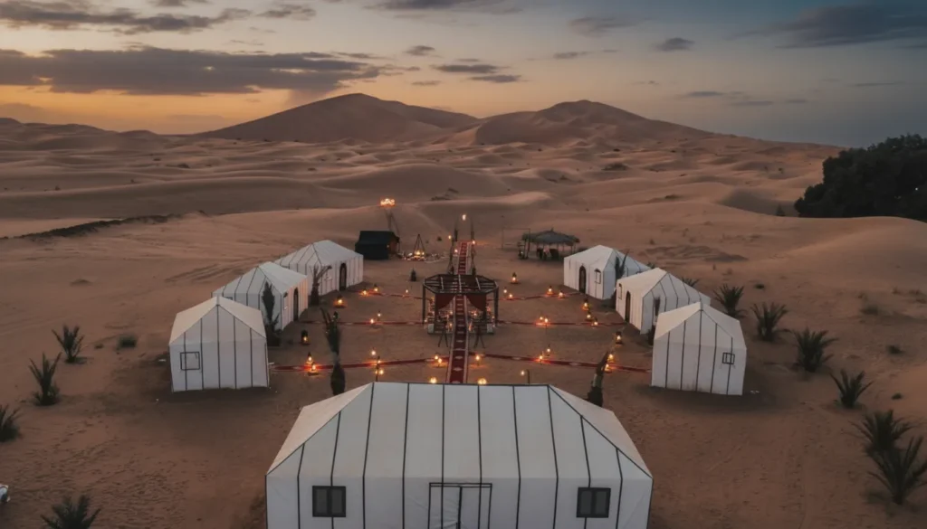 Starry night sky over a tranquil Sahara Desert glamping camp, a highlight of a 10-day Morocco itinerary.
