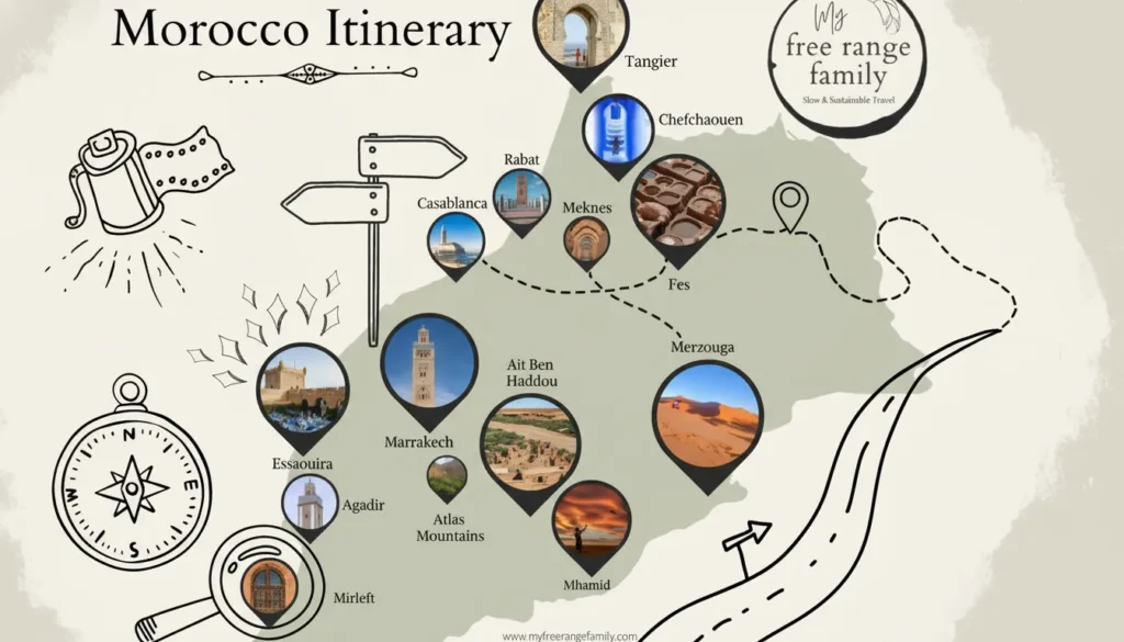 Stylized map of Morocco displaying distinct 7-day, 10-day, and 14-day travel itinerary routes.