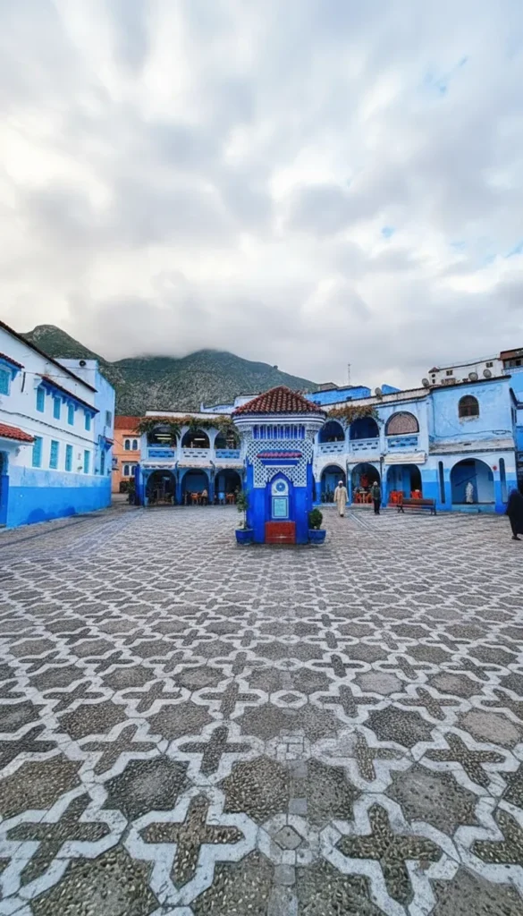 The bustling Plaza Uta el-Hammam in the Chefchaouen medina, with the historic Kasbah and local cafes.