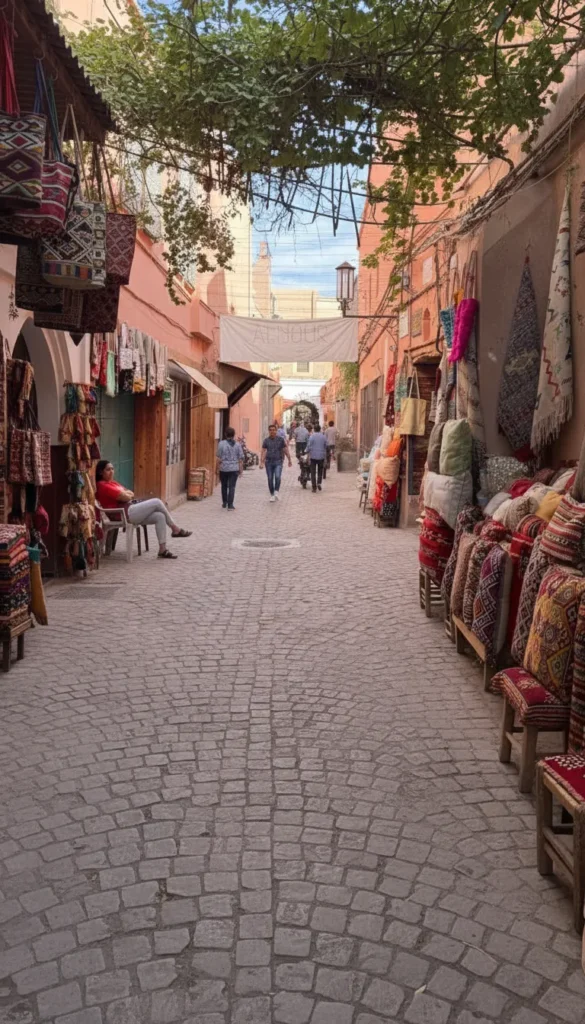 Vibrant Marrakech medina alleyway with colorful textiles and local life, ideal for a short Morocco trip.