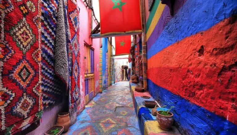 Vibrant, colorful alley in a Moroccan medina with traditional rugs and flags, illustrating the diverse experiences that impact how many days do you need in Morocco.
