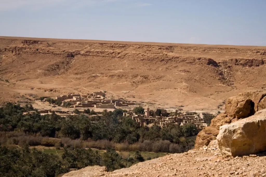 Aerial view of the lush Ziz Valley oasis canyon.