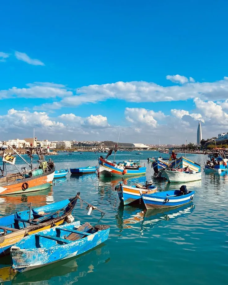 Colorful wooden fishing boats floating on the Bouregreg River with the modern Rabat skyline and Mohammed VI Tower in the distance.