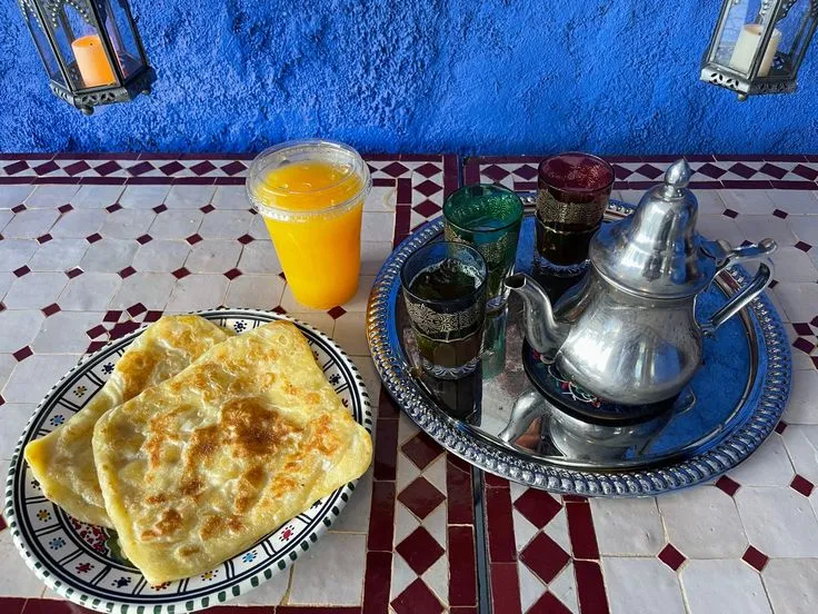 Healthy brunch and mint tea at a cafe in Tamraght.
