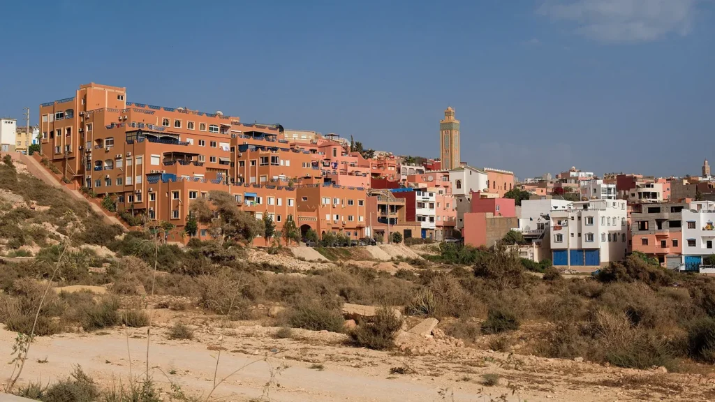 Panoramic view of Tamraght Morocco village on the hill at sunset.